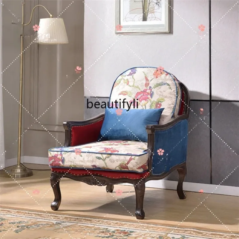 A44 البلد الأمريكي أريكة خشبية صلبة كرسي النسيج الأوروبي عالية الظهر كرسي مجنح غرفة المعيشة الفرنسية أريكة واحدة كرسي الاستجمام