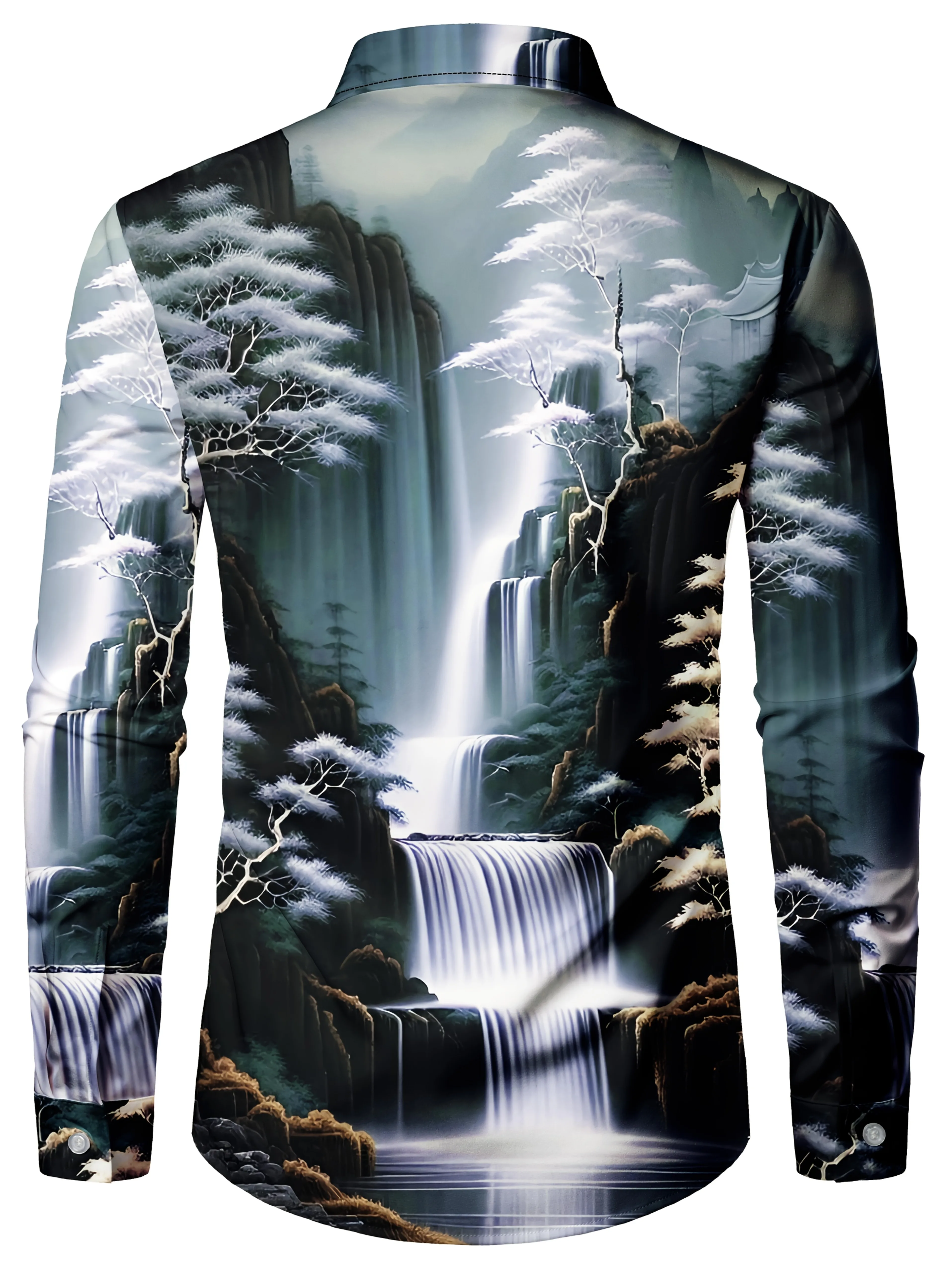 Men Long Sleeve Button Down Shirt Chinese Mountain Waterfall Landscape Print Polyester Lapel Collar Casual