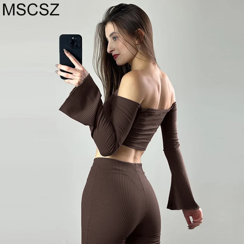 MSCSZ Off Shoulder Long Sleeve Top And Pants Sets Woman Fashion Sexy Festival Outfit Autumn Ribbed 2 Piece Matching Sets