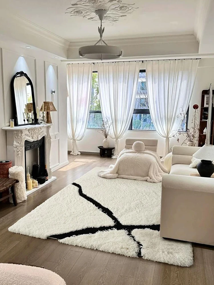 Beige Simple Black Line Carpet Rug Thick Large Area Rugs for Bedroom Living Room Bedside Office Plush Plain Color Carpet Home