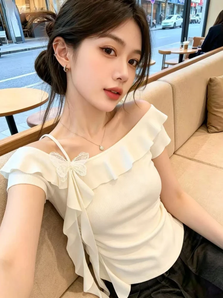 

Summer New Design Women's Short Sleeve Knitted Top Sash Waist Inward Clothes Korean Style Commute Regular Fit