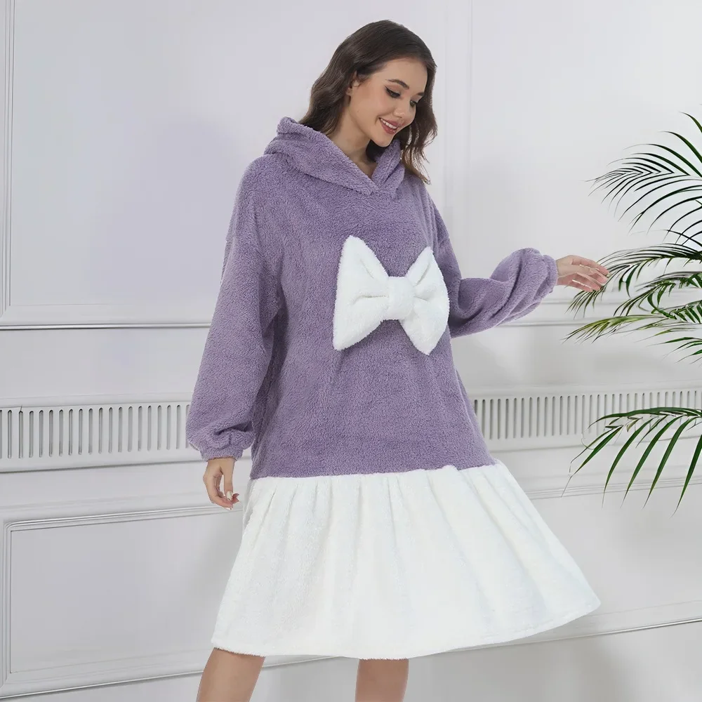 

Женская зимняя теплая ночная рубашка Kawaii, ночная рубашка с большим бантом, коралловое флисовое кимоно, свободная одежда для сна, домашнее платье, пижама с оборками, халат