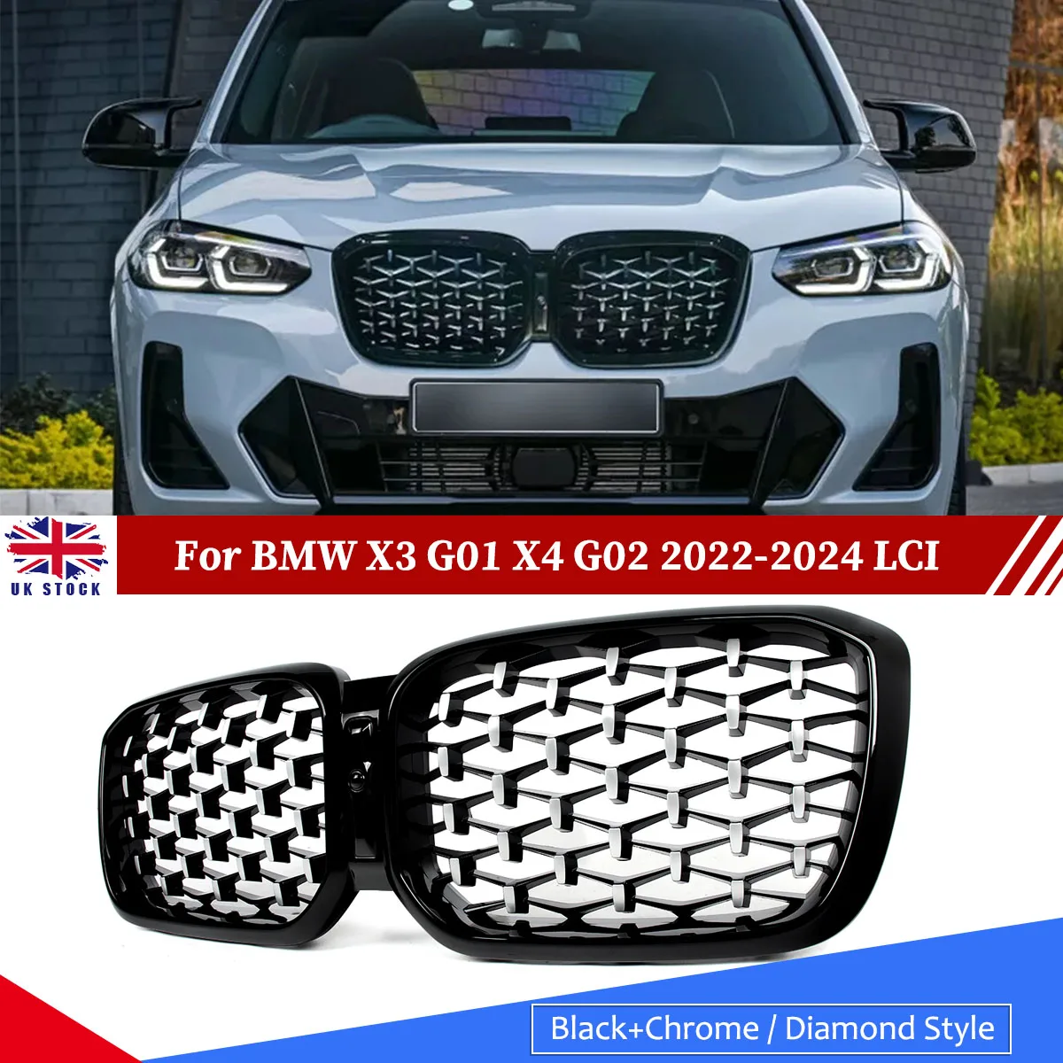 Replace FOR BMW X3 G01 Front Kidney Grill X4 G02 LCI KIDNEY GRILLE GRILL DIAMOND STYLE 2022 2023 2024 Chrome Black Racing Grills
