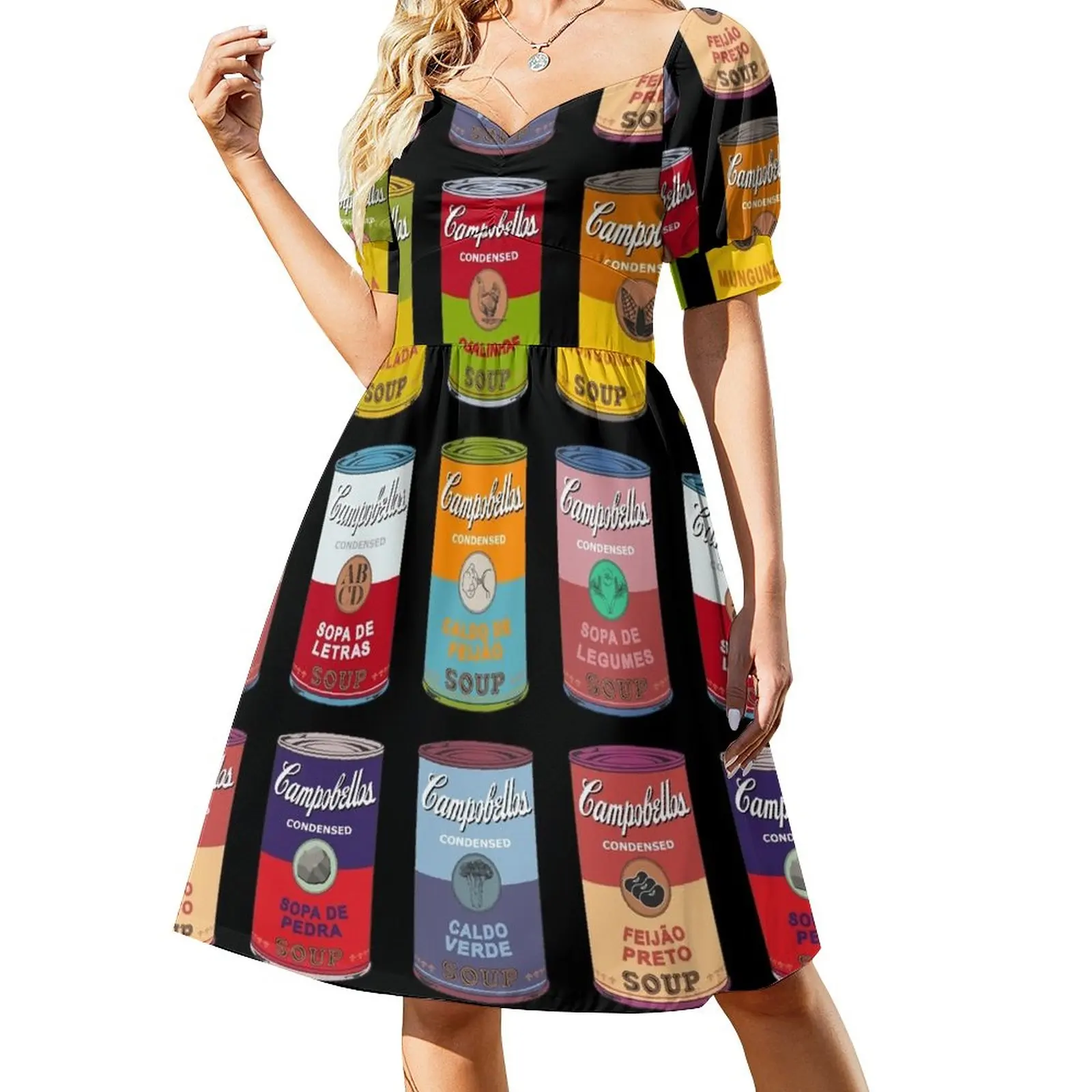 

Brazilian Andy Warhol soups - Campobellos popart (on black) Sleeveless Dress clothes Aesthetic clothing