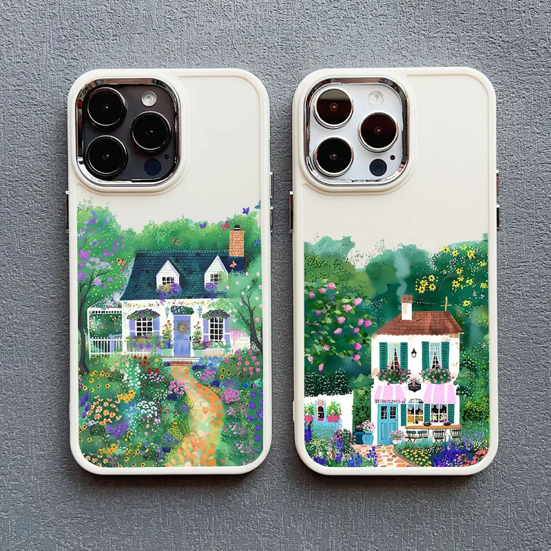 Fashion Garden Style Coffee Shop Phone Case For iPhone 11 12 Pro Max 13 14 15 16 Pro Max Plus XR XS X 7 8 Plus Silicone Covers