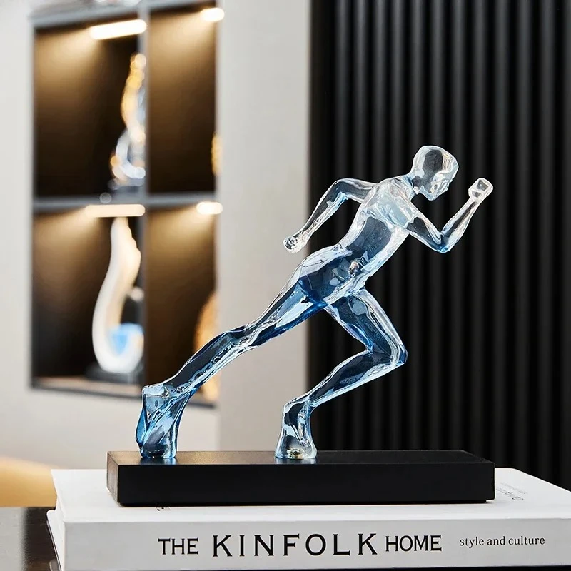 19cm Exquisite Blue Crystal Sculpted Running Man Statue for Home Decor Office Decoration Collectible Crystal Runner Figurines