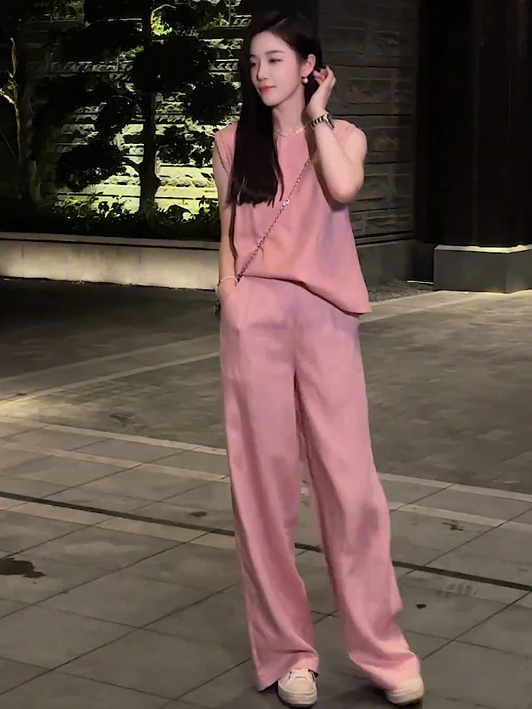 

Elegant Casual Fashion Set Women's Summer High-End Pink Sleeveless Vest Top Wide Leg Pants Two-Piece Set Cotton round Neck