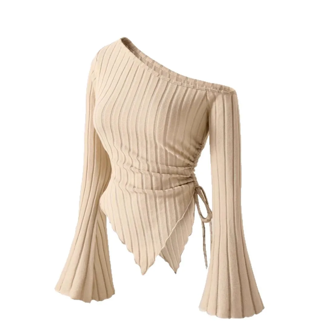 Women's Trendy One-Shoulder Blouse Vertical Ribbed Knit Fabric Flared Sleeve Drawstring Waist Asymmetrical Hem Baddie Casual Top