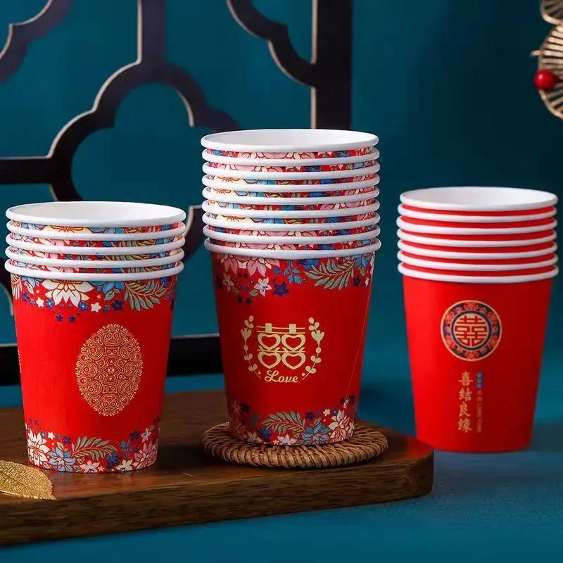 

100pcs Festive Wedding Paper Cup Traditional Disposable Paper Cup Party Wedding Banquet Small Paper Cup Red Double Happiness Cup