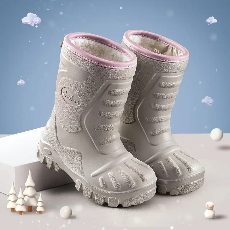 Winter Solid Children Rain Boots Waterproof Anti Slip Boys Girls Mid Calf Rainboots Plush Thick Warm Slip On Kids Snow Boots