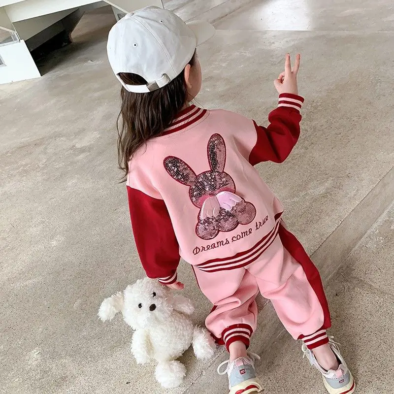 2024Girls Autumn Clothing Rabbit Baseball Uniform Casual Sweatshirt Two-Piece Set