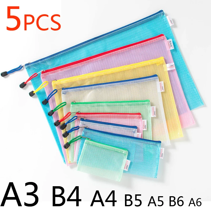 Sturdy PVC Zipper Stationery Storage Bag Folder File Mesh Bags Pouch A4 A5 A6 B5 Document Bag File Folder School Office Supplies