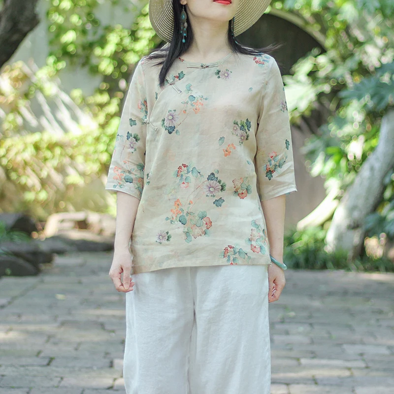 

Loose Fit Cotton Linen round Ne ort Sve irt Women's Button up Print Retro Top Comfortable Breathable Spring Faion