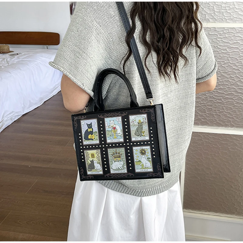 Neue Katzenelfen-Handtasche: Stylische, vielseitige Damen-Umhängetasche, trendige Fantasy-Schultertasche, quadratische Tragetasche, Aktentasche mit Stauraum – Detail 29