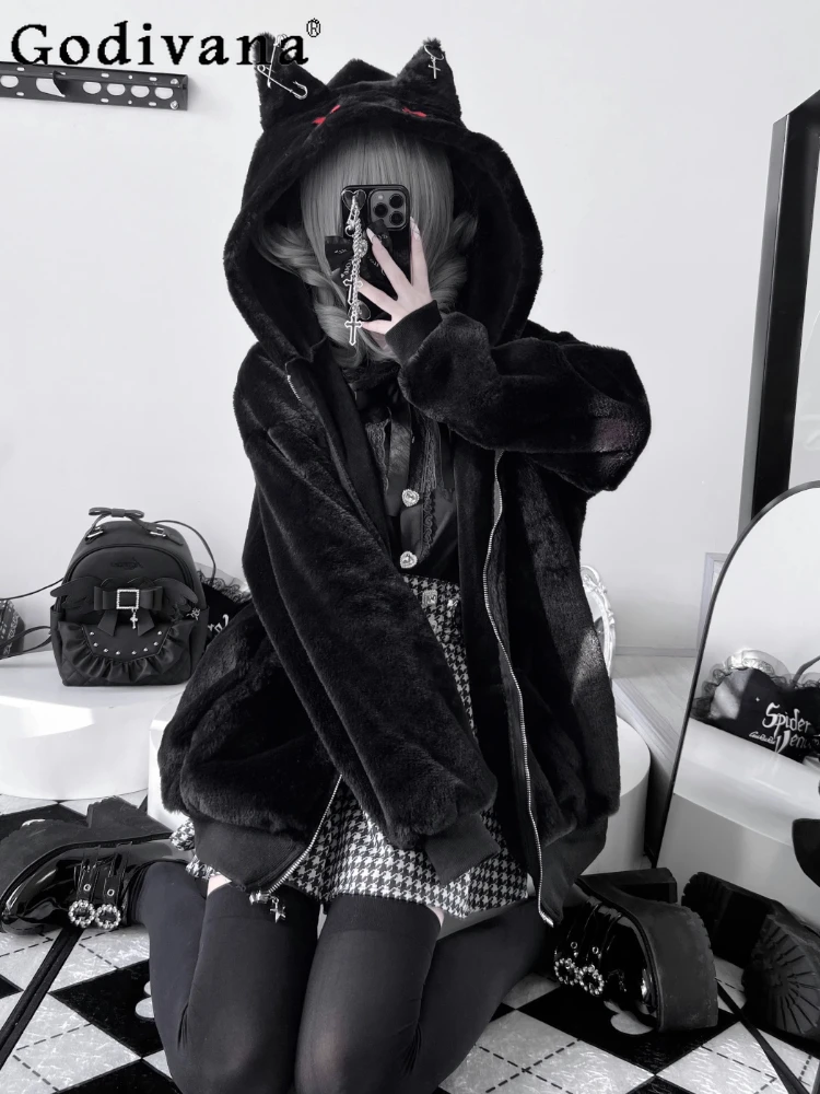 

Winter Plush Jacket Y2K Subculture Black Goth Japanese Mine Cat Ear Devil Furry Jacket Girls Women's Warm Coat Outerwear 2025