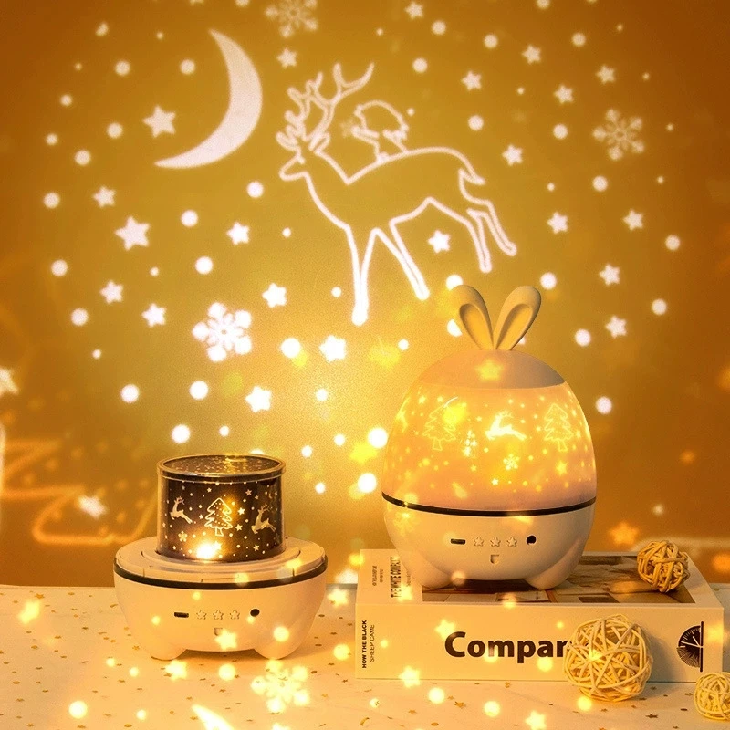 Cute Rabbit Projector Night Light 360° Rotation Kids Ocean Projection Sleep Lamp For Baby Christmas Gifts Room Decoration