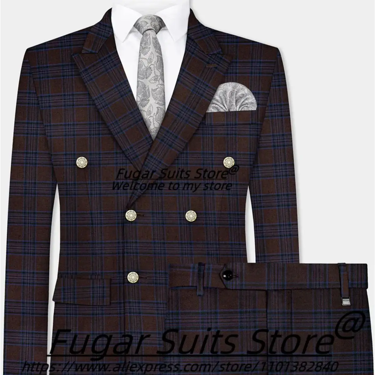 

Tailor Made Double Breasted Plaid Business Men Suits Slim Fit Peak Lapel Groom Tuxedos 2Pcs Sets Formal Male Blazers Ropa Hpmbre