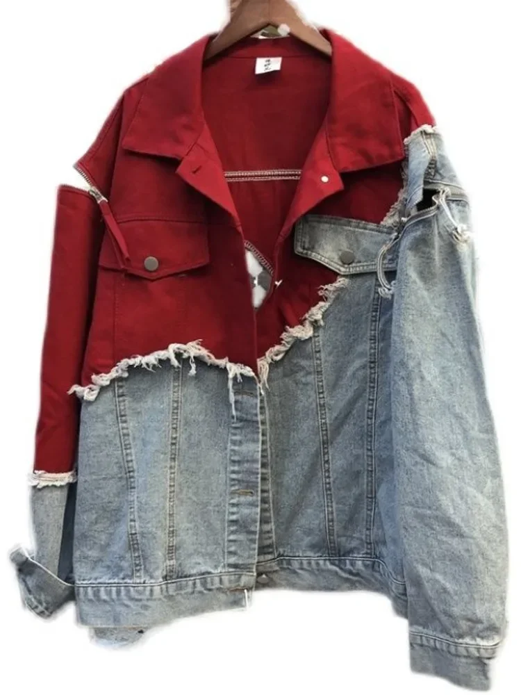 2024 spring new Korean loose contrast color stitching fake two BF wind broken hole rough edge Denim Jacket Women's fashion