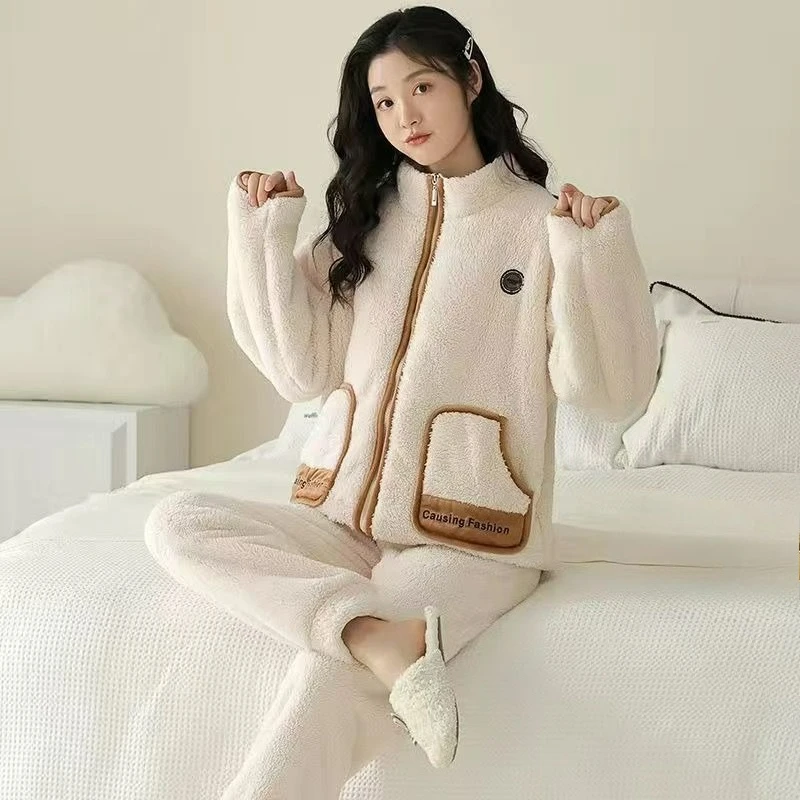 Pigiama in pile corallo per donna autunno e inverno addensato con set in pile per la casa con cerniera può essere indossato all'esterno