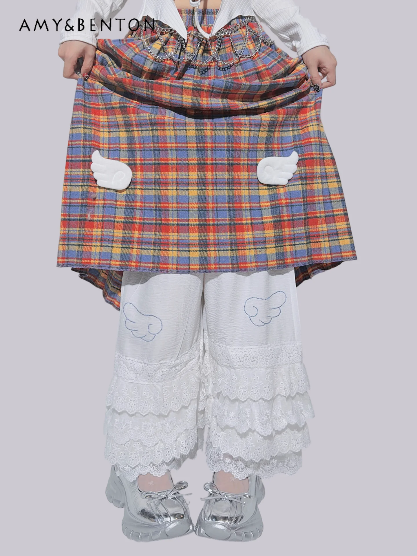 

Summer New Japanese Style Soft Girl White Lace Stacked Wearing Loose Casual Wide-leg Pants High Waist Color Plaid Skirt