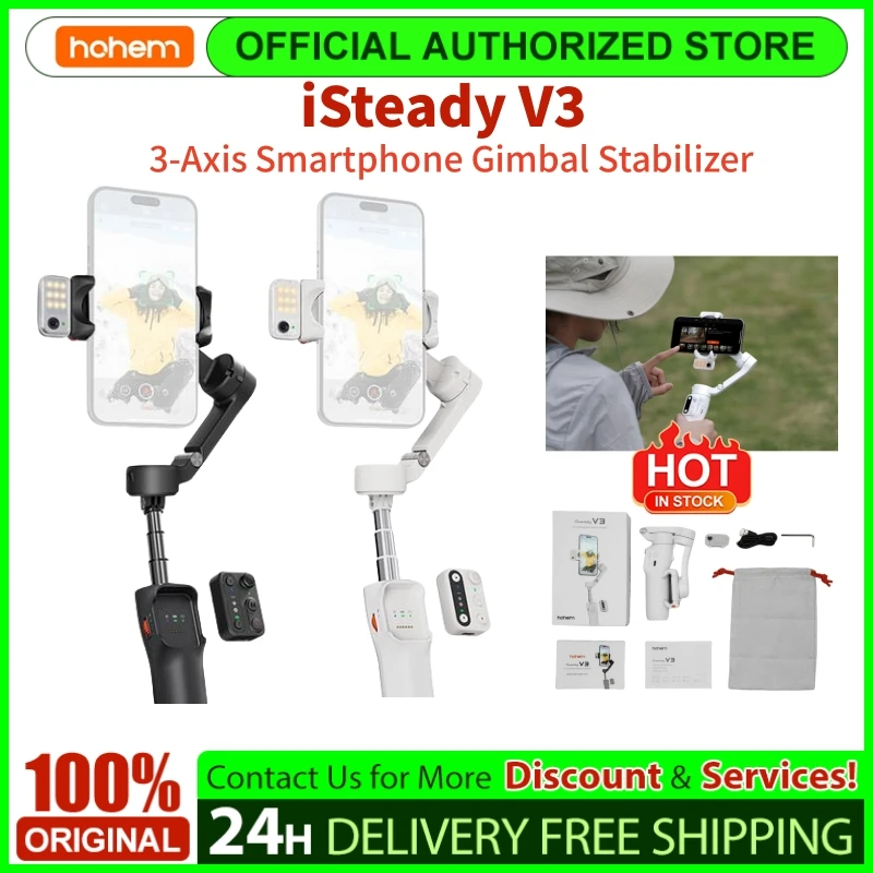 Hohem iSteady V3 3-Axis Smartphone Gimbal Stabilizer AI Tracking Gesture Control Built-in LED Fill Light for iPhone 15 SUMSANG