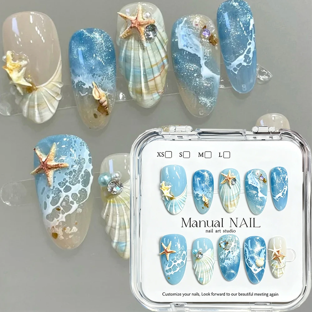 10pcs Blue Wave Bubbles Summer Press On Nails Starfish Pearl Water Ripple Almond False Nails Ocean Series Women Vacation Manicur