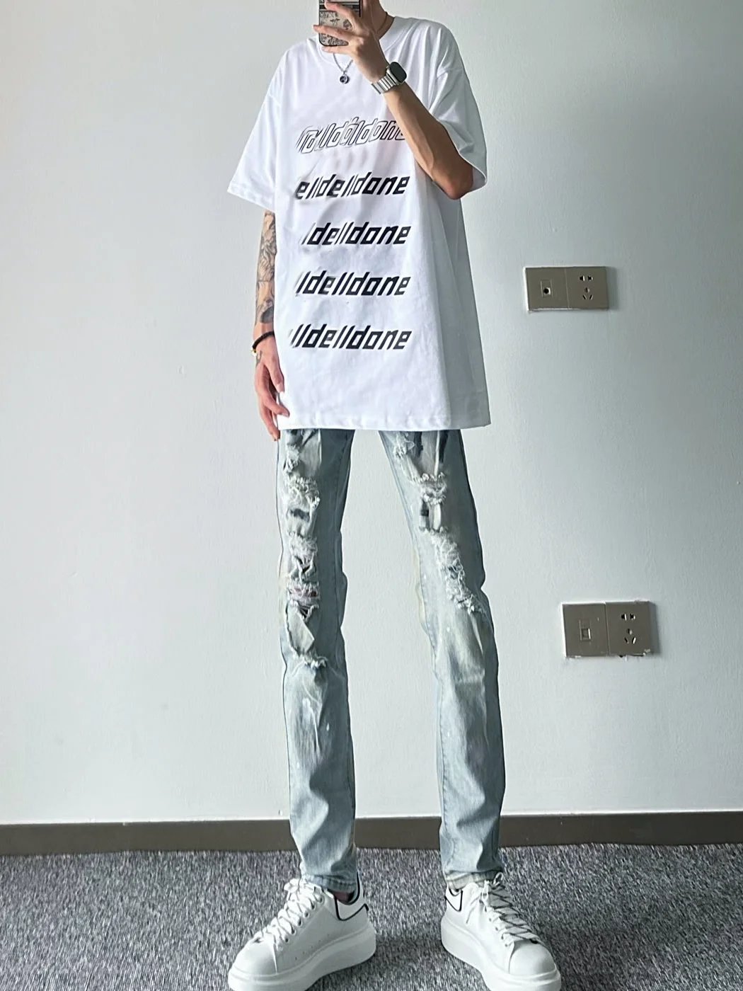 

Retro American High Street Men's Jeans Distressed Straight Leg Slim Fit Long Pants Casual Wear All-Match Blue Denim Jeans