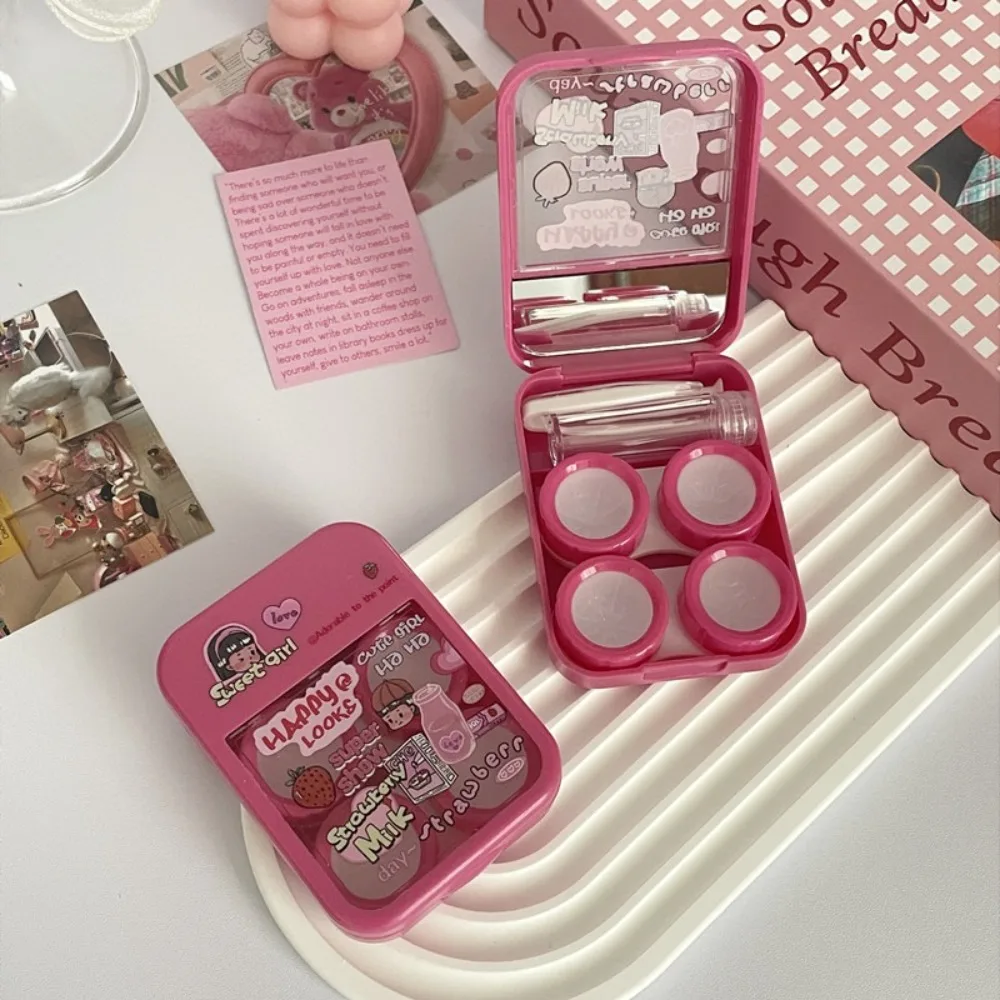 New Cartoon Contact Lens Case Plastics Portable Cosmetic Contact Lens Box Pink Myopia Companion Box For Women Girls