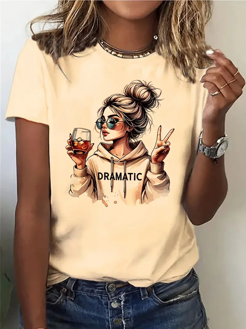 „Dramatic“ Print mit Wein Print Streetwear 90er Jahre Damen Casual Grafik T-Shirt Kurzarm T-Shirt Kleidung Top T-Shirt