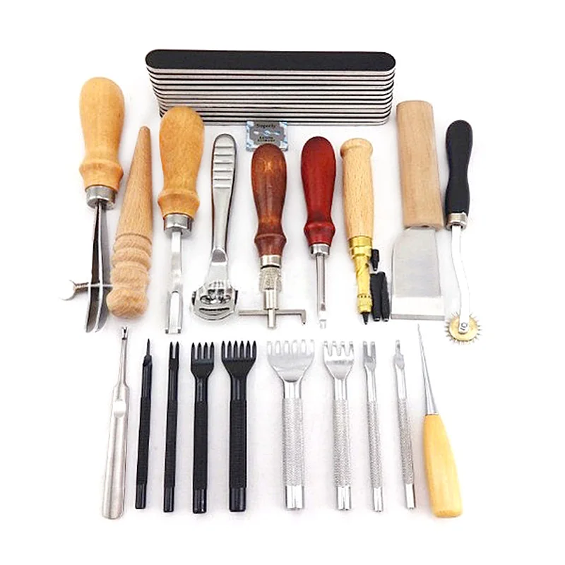 

18 PCS a SET Leather Craft Punch Tools Kit Stitching Carving Working Sewing Saddle Groover