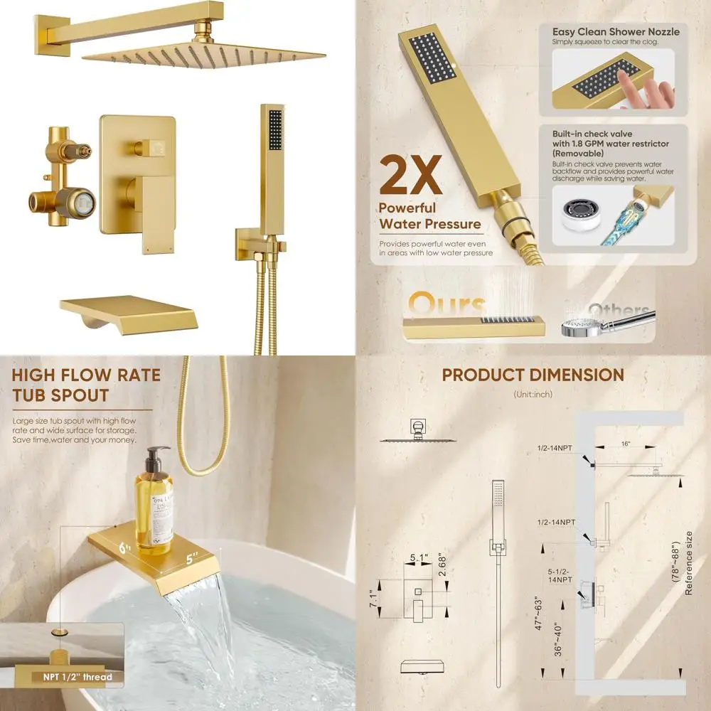 Wall-Mounted Metal Tub Shower System with 10 Rain Shower and Handheld Combo in Brushed Gold
