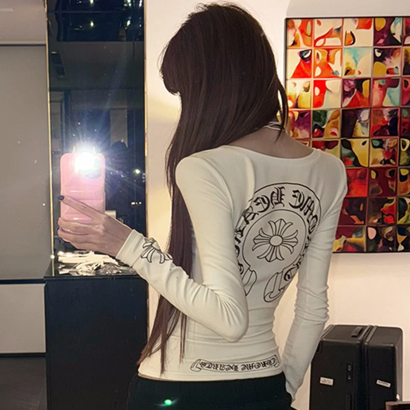 Gothic Graphic Slimming  T-Shirts Women Long Sleeve Y2k Round-neck Skinny Crop Tops Korean Fashion Sexy Spring Autumn New