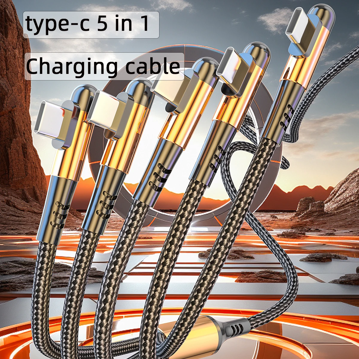 كابل شحن الهاتف المحمول 5 في 1 كابل بيانات 5 كوع سحب مناسب لسيارة Android Huawei Type-C
