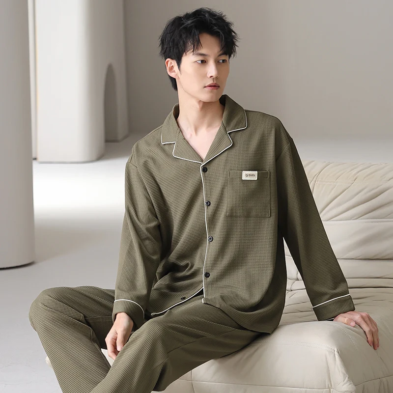High Quality Men Pajamas Set 100% Cotton Turn-down Collar Sleepwear Male Autumn Solid Pyjamas