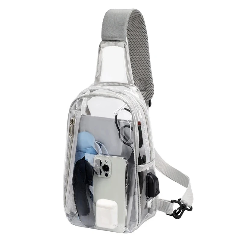 

TINYAT Clear PVC Crossbody Bag Woman Slim Shoulder Chest Bag Water Resistant Easy to Check with USB for Sport Music Festival