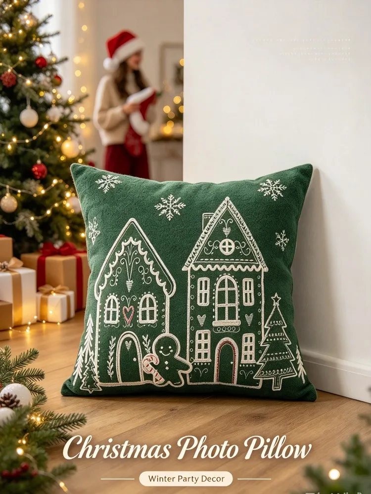 VIKAMA Christmas Gingerbread House Pillow Cover Dark Green White Print Soft Cushion Cover for Xmas Sofa Bed Living Room Bedroom