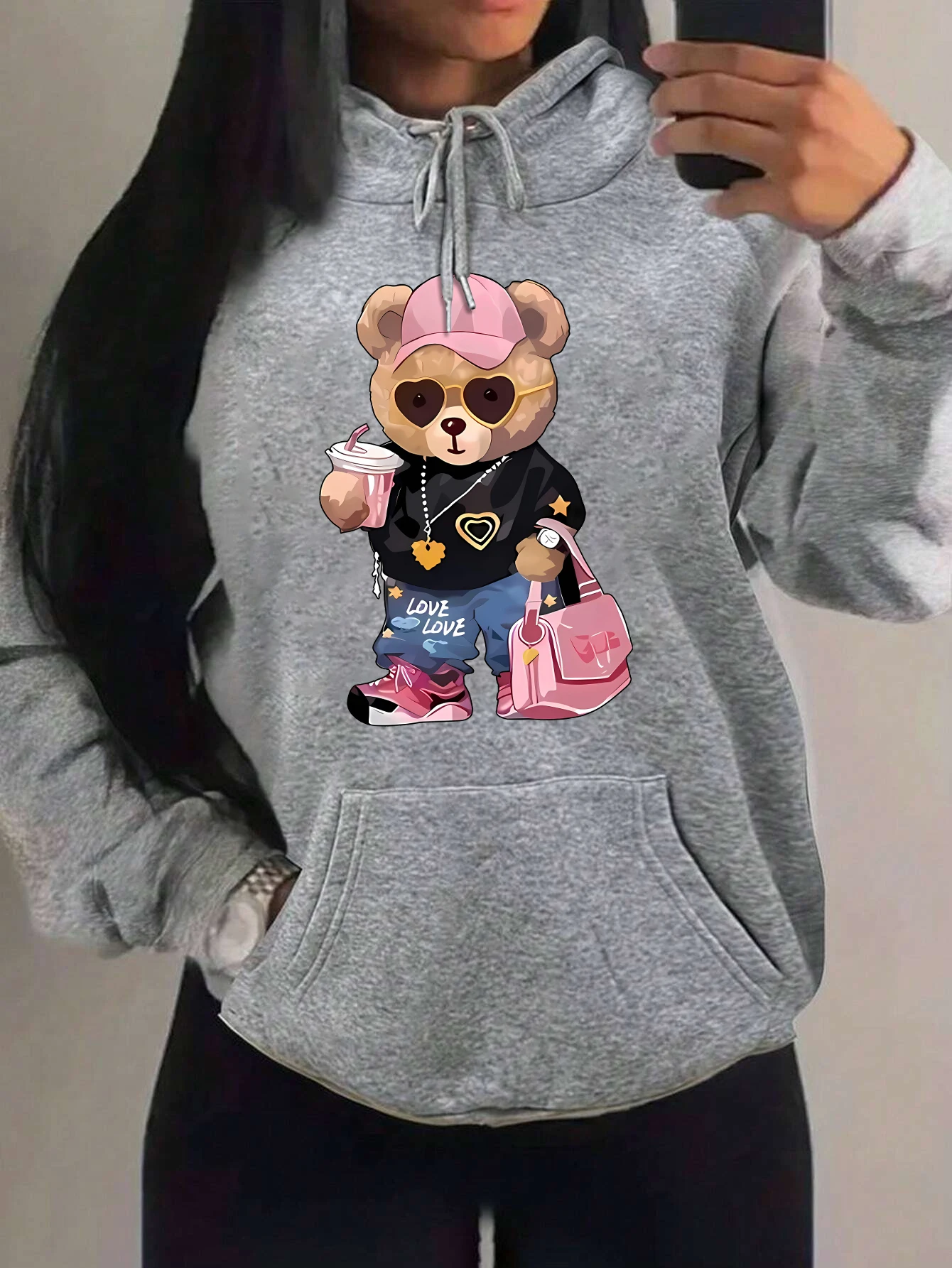 Sudadera con capucha de lana con diseño creativo para mujer, jerséis de bolsillo Harajuku, ropa de otoño, patrón de hermana de oso fresco