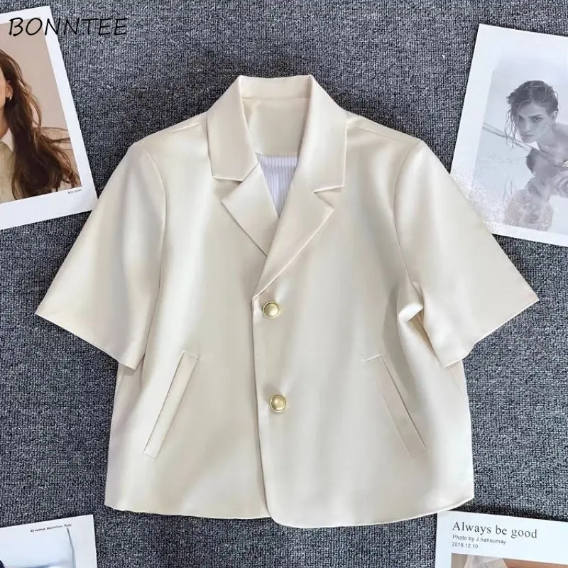 

Short-sleeve Blazers Women Slim Summer Temperament Simple Elegant Leisure Lady Thin Solid Notched Coats All-match Korean Style