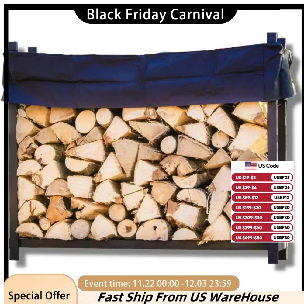 5 Foot Black -1/4 Cord Plus Firewood Storage Log Rack with Seasoning Cover Combo Set- Metal Firewood Rack - Heavy Duty