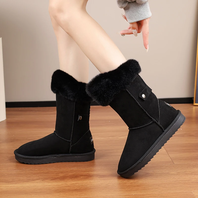 Boots Female 2024 Winter New Fashion Platform Snow Boots Women Solid Round Toed Warm Plush Cotten Shoes Size 42