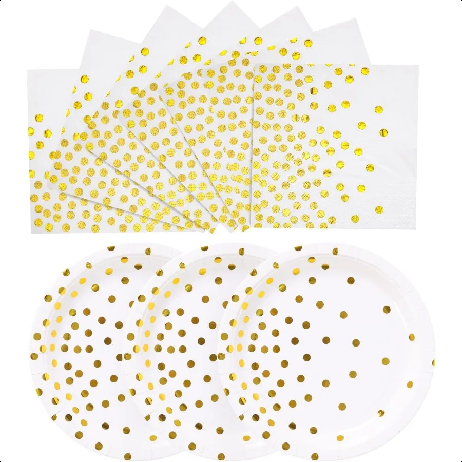 

Paper Plates 100 Pack White and Gold Paper Plates 50 x 9 Gold Dot Napkins 50 x 6.5Party plies for Weddings Birthdays Bridal Pa