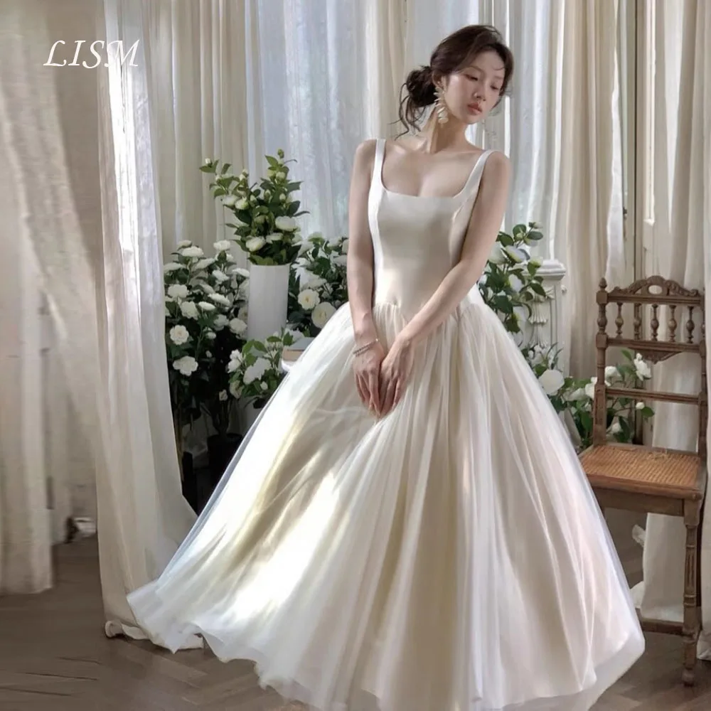 LISM col carré a-ligne corée robes de mariée personnalisé soie Satin Tulle longues robes de mariée élégantes ̄séance Photo