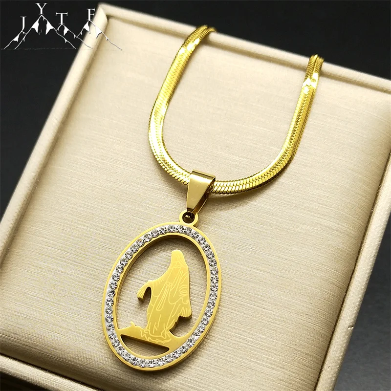 

Virgin Mary Rhinestone Jewelry for Women Men Christian Stainless Steel Rhinestone Birthday Party Choker Necklace Amulet Gifts