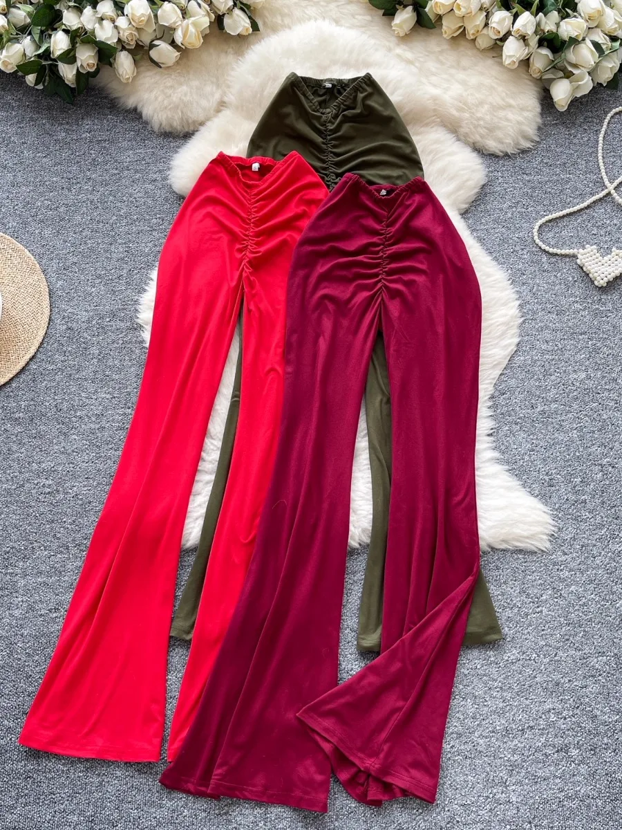 Foamlina été plissé coupe ajustée pantalon évasé européen fille chaude couleur unie jambe allongement léger Mature élégant pantalon