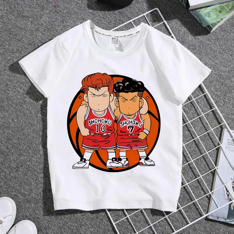 كارتون Q-نسخة لطيف سلام دنك Sakuragi Hanamichi الكرتون أنيمي الأبيض الأطفال تي شيرت جولة الرقبة القطن الخالص قصيرة الأكمام
