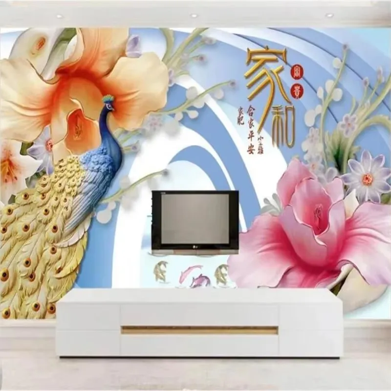 

Custom wallpaper 3d flower door gallery promenade hotel background wall rose flower living room Bridge Jade Relief Peacock mural