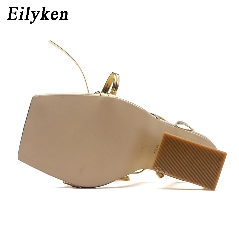 Eilyken Size 35-42 Golden Party Square Toe Woman Sandals 2024 Fashion Ankle Lace-up Fretwork High Heels Female Shoes