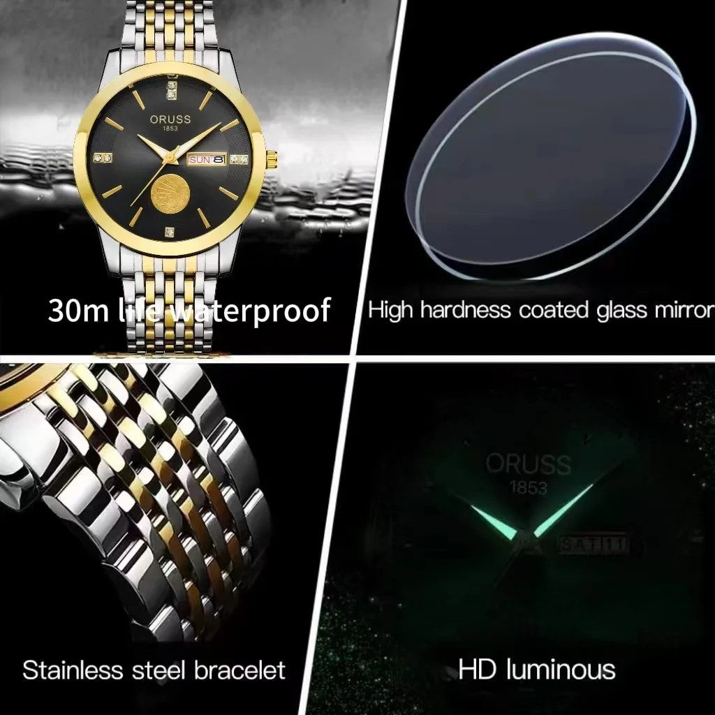 ORUSS Luxury Brand Man Watch Waterproof Luminous Date Week Men's Quartz Wristwatch Stainless Steel Fashion Sports Men Watches