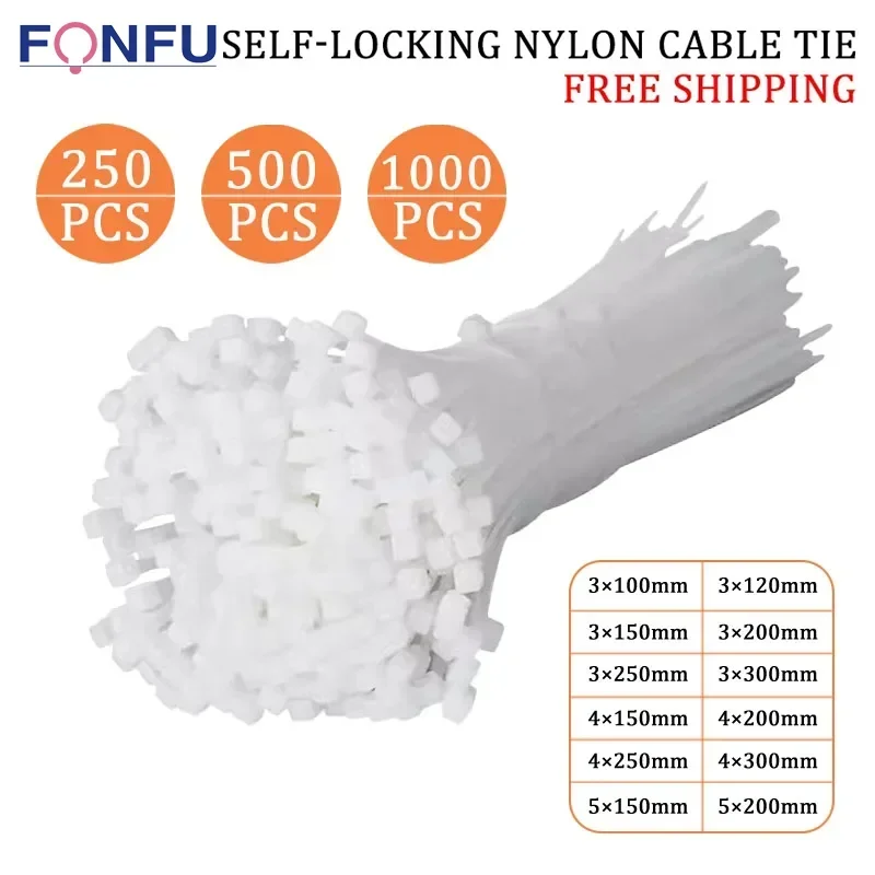 Self-Locking Plastic Nylon Cable Tie, Organizador Branco, Fasten Wire, Zip Ties, 3x100mm, 4x300mm, 250 Pcs, 500 Pcs, 1000Pcs, Bag