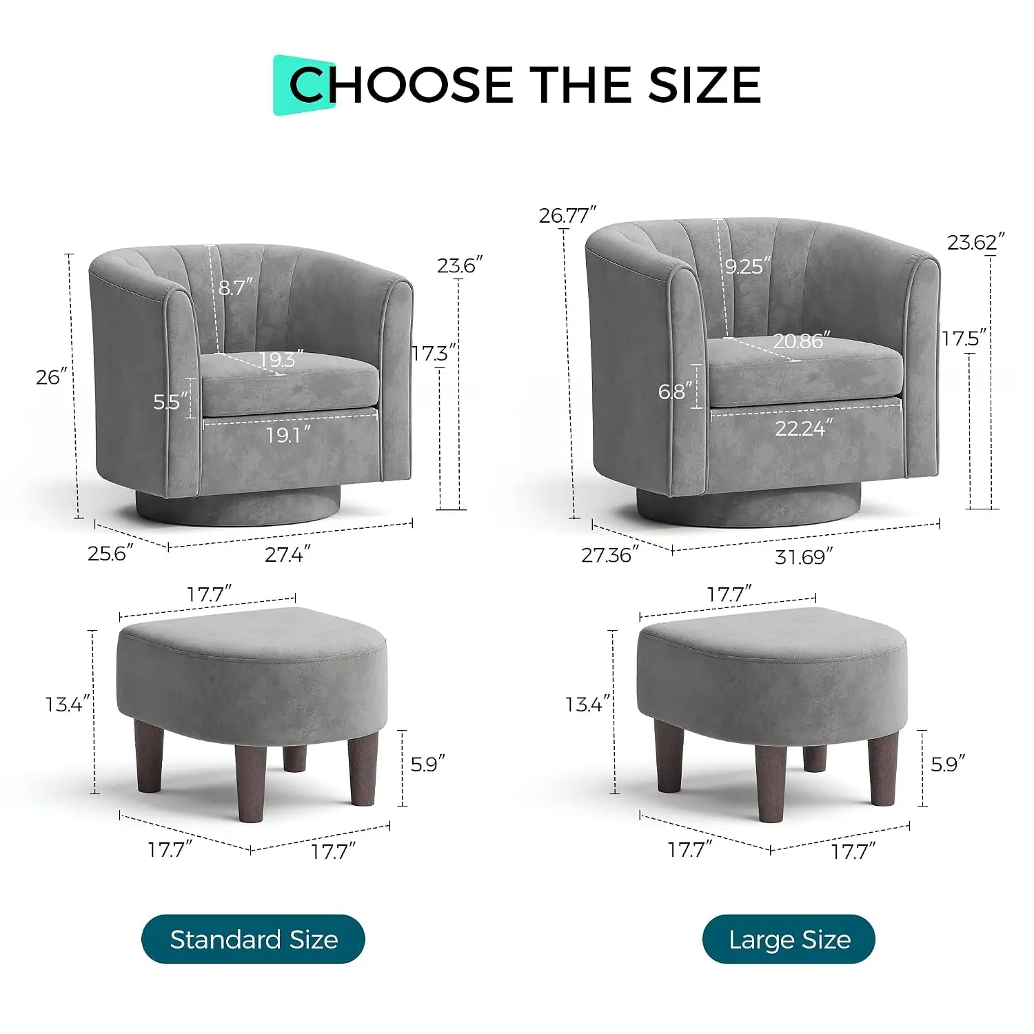 Velvet Swivel Accent Chair Ottoman Set, Upholstered Armchair Footrest for Living Room Bedroom, Standard Size Grey, Customized